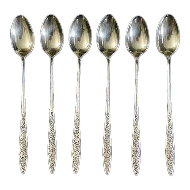 Mid 20th Century Mid Century Modern Wallace Sterling Silver 7 1/2" Iced Teaspoons No Mono - Set of 6 For Sale