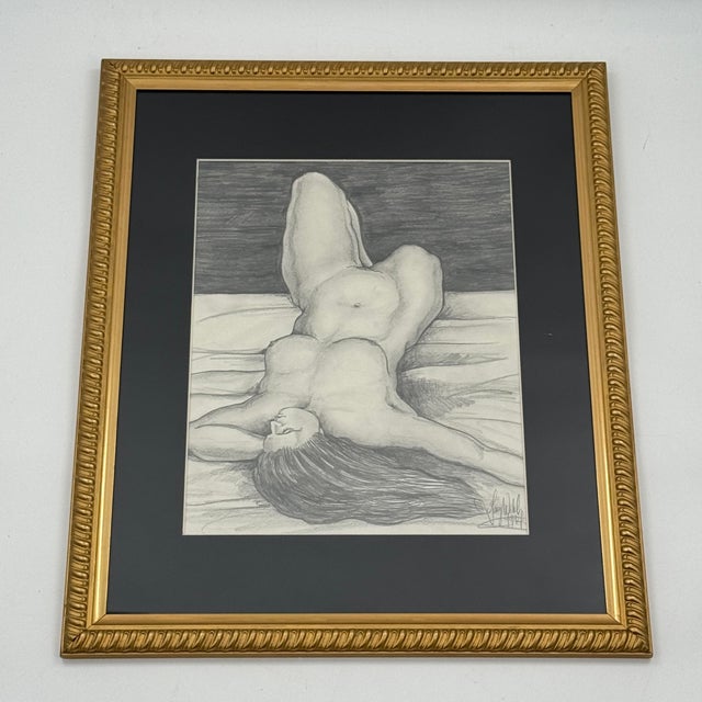 Charcoal Vintage 1994 Signed Female Nude Charcoal Drawing Gold Gilt Frame For Sale - Image 8 of 11