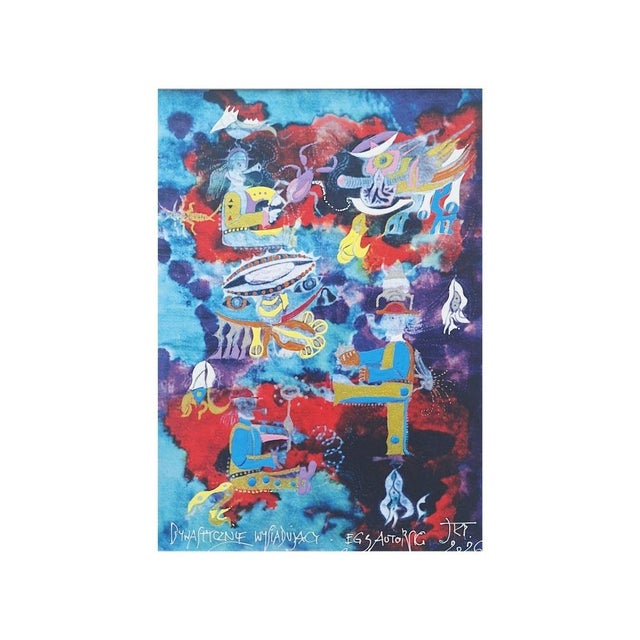 This artwork, created in a mixed technique, is a vibrant, surreal masterpiece blending abstract forms with vivid colors,...