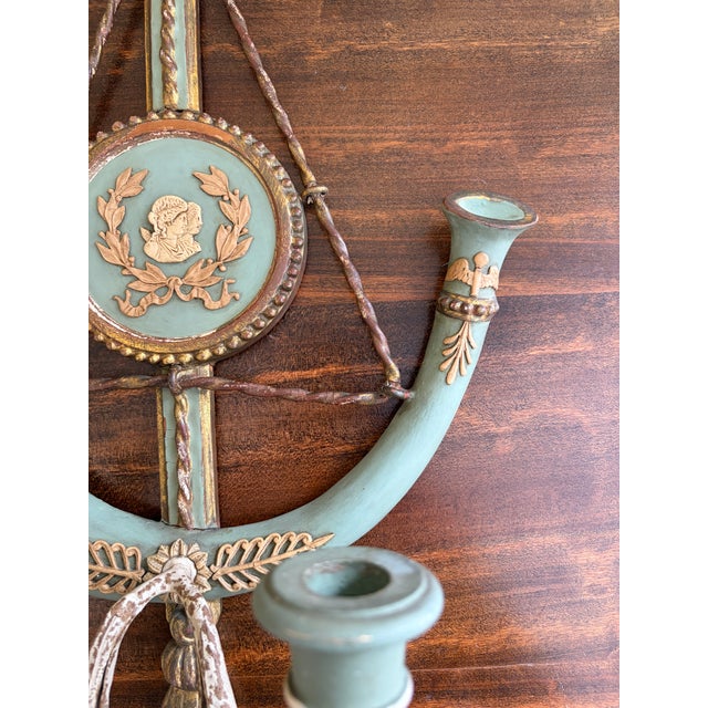 Pair of Italian Neoclassical Sconces in Celadon Green and Gilt For Sale - Image 14 of 16