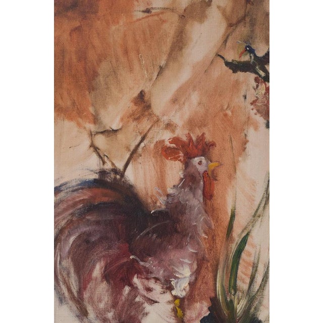 African Dancing Warrior with Cockerel, Mid-20th Century, Oil on Canvas For Sale - Image 7 of 13