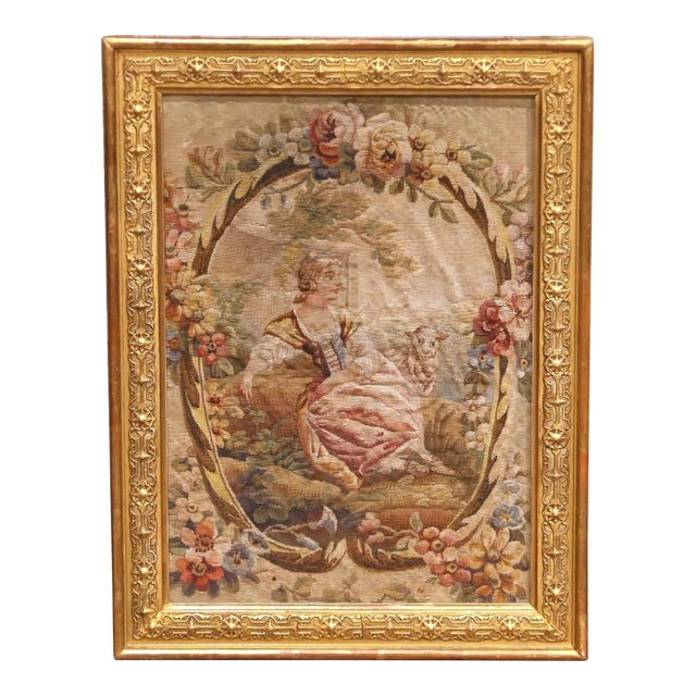 18th Century French Aubusson Tapestry Panel in Carved Gilt Frame For Sale