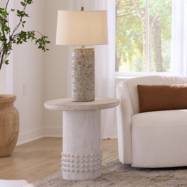 Studded Side Table, White Washed Wood The casual, clean finish of these sand-blasted mango wood tables lightens and...