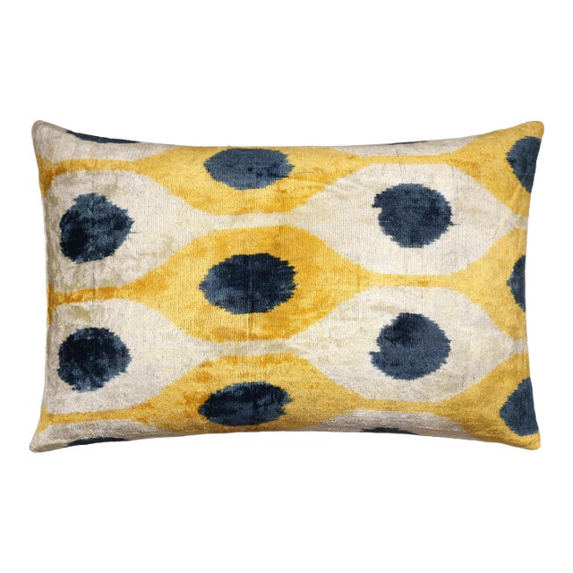 Handmade Yellow & Navy Ikat Velvet Lumbar Pillow 16x24 | Modern Artisan Accent For Sale