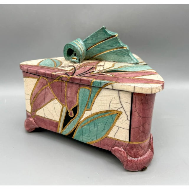 1980's Postmodern Mindy Brunn Raku Mauve and Turquoise Lily Ceramic Box For Sale - Image 12 of 12