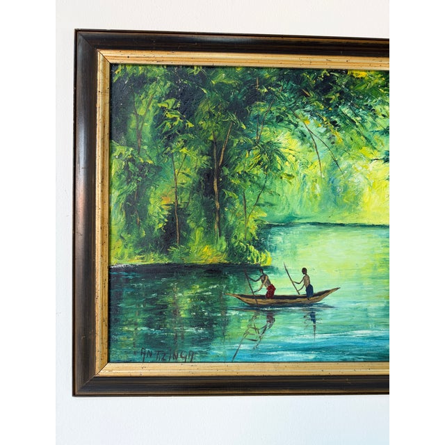 Vintage Antzinga Impressionist Two Man Canoeing River Scene Oil on Canvas – Framed For Sale - Image 4 of 11