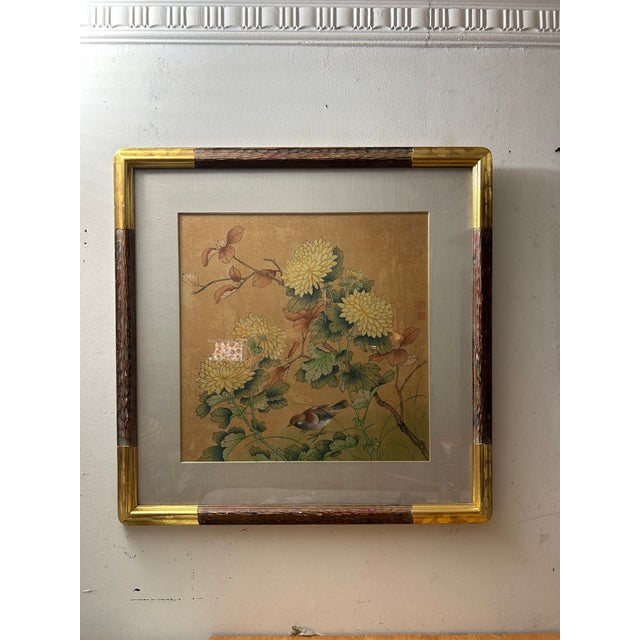 This exquisite vintage Chinese tempera painting on silk, titled Swallow and Chrysanthemums, is framed and sold by the...
