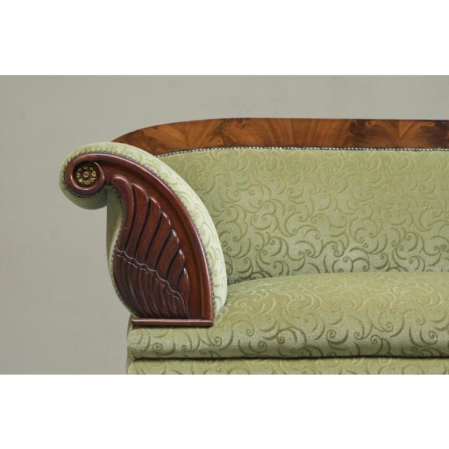 Hollywood Regency Sculptural Regency Sofa in Figured Mahogany Veneer and Velvet, 1800s For Sale - Image 3 of 11