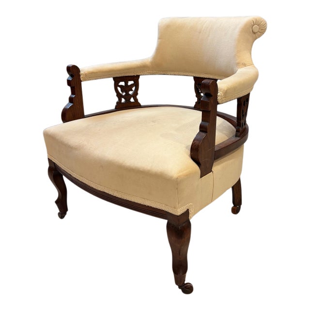 Vintage Regency Style Mahogany Library Armchair With Upholstered Seat & Brass Casters For Sale