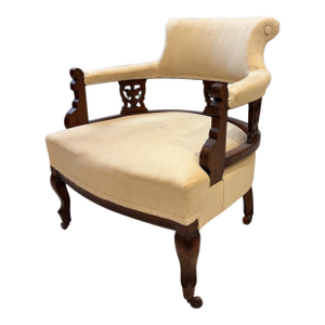 Vintage Regency Style Mahogany Library Armchair With Upholstered Seat & Brass Casters