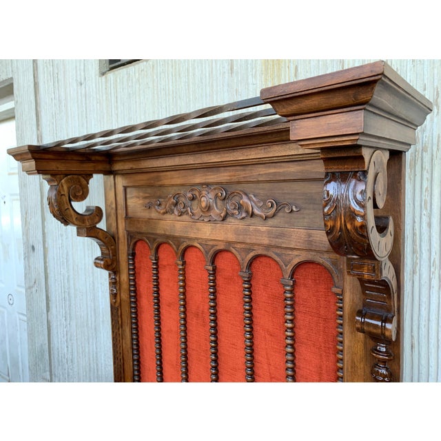 19th Large Carved Spanish Solid Walnut Hall Stand with Red Velvet Back For Sale - Image 11 of 18