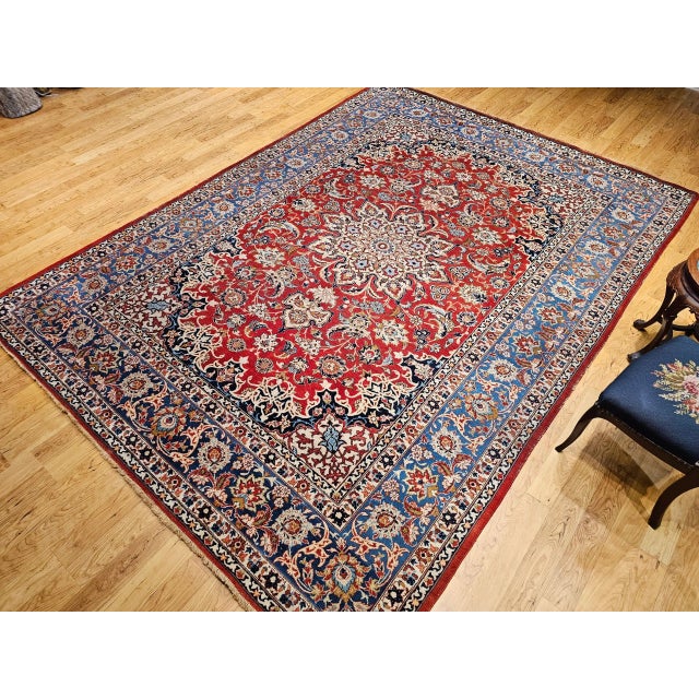 Vintage Room Size Persian Isfahan Rug, Handwoven Floral Pattern, Red & Blue, 9’ X 12’ For Sale - Image 4 of 12