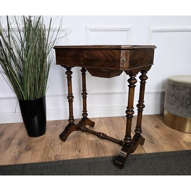 Antique Italian Inlaid Veneer Wood Sewing Side Table with Bobbin Barley Twist Legs, 1890s For Sale - Image 10 of 11
