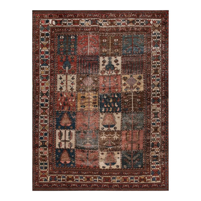 1920s Multicolor Garden Geometric Antique Persian Bakhtiari Carpet 6'9'' X 9'' Knotted Wool Rug For Sale