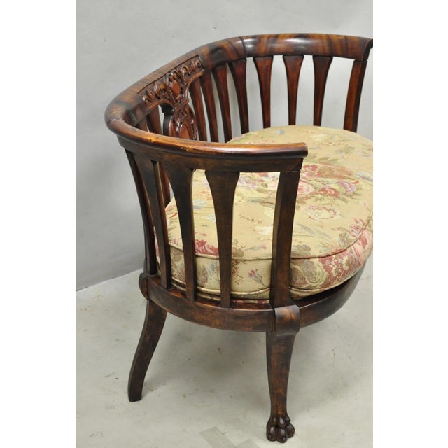 Antique Victorian Carved Mahogany Paw Foot Barrel Back Settee Loveseat Sofa For Sale - Image 11 of 16
