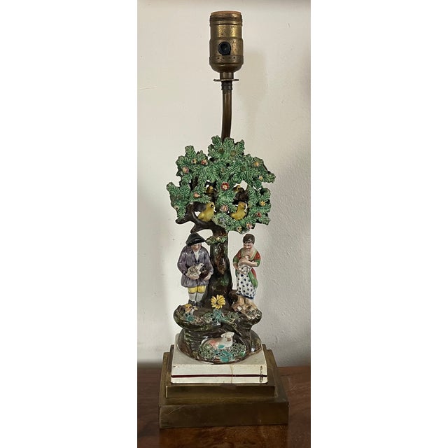19th Century Antique Early 19th Century English Staffordshire Figure of a Georgian Couple With Dovecote Tree Mounted as a Table Lamp For Sale - Image 5 of 12