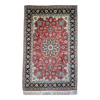 Vintage Persian Tabriz Area Rug, Hand-Knotted Wool & Silk, Floral Pattern, Pomegranate-Red & Navy, 3x5 For Sale