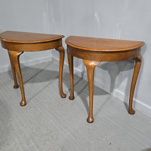 Brown Oak Demi Lune Console Tables, 1920s, Set of 2 For Sale - Image 8 of 11