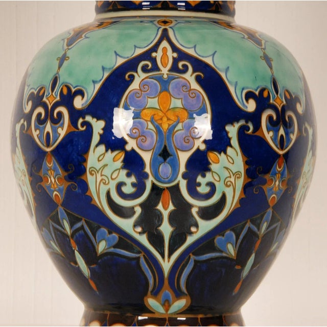 Art Nouveau Ceramic Vase Urn Floral Decoration Blue Turquoise Covered Vase For Sale - Image 6 of 11