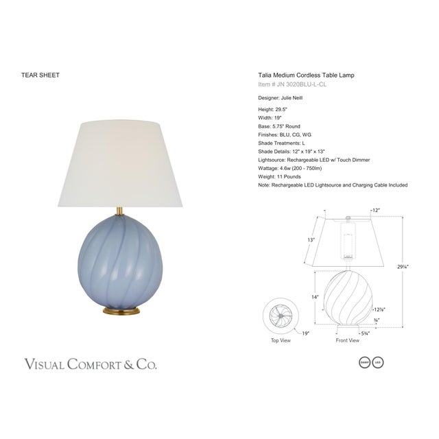 Julie Neill by Visual Comfort Signature Talia Medium Cordless Table Lamp in Blue with Linen Shade Designer: Julie Neill...