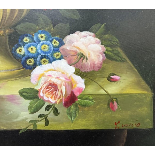 Textile Late 20th Century Large Original Vibrant Floral Still Life Oil on Canvas For Sale - Image 7 of 12