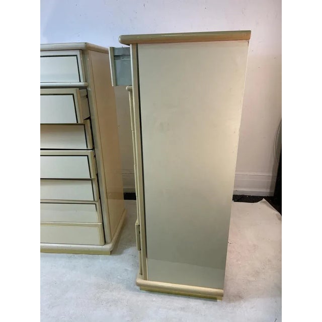1980s Paolo Gucci Modern Cream Lacquer & Brass Trim High Chests - A Pair For Sale - Image 9 of 11