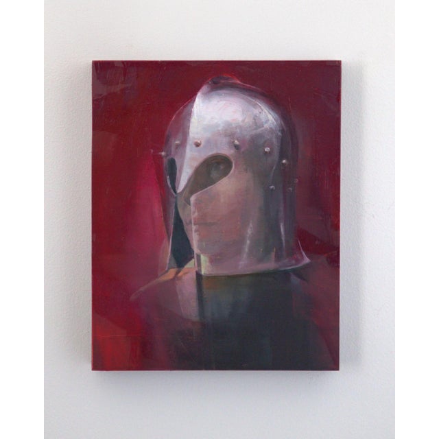 This oil on panel artwork features a striking depiction of a warrior's helmet, rendered with a smooth, reflective surface...