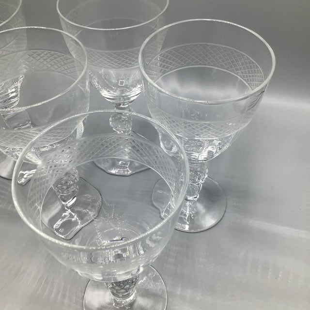 Beautiful set of 5 cut ball stem crystal water goblets with wheel cut crosshatch band around bowl. True water Goblet size.