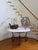 Large Impressive 54" round Carrara marble center table with a heavy rustic forged iron black scrolled base. Table height...