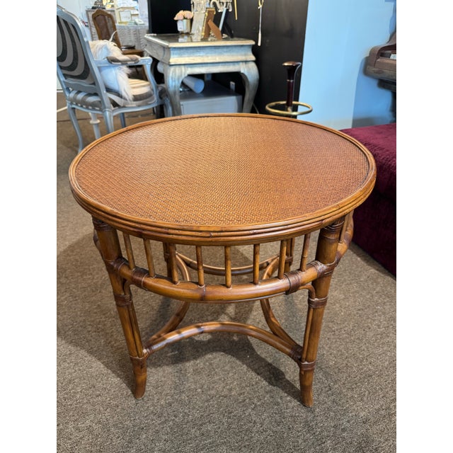 1990s Vintage Ethan Allen Round Rattan End Table For Sale In West Palm - Image 6 of 9