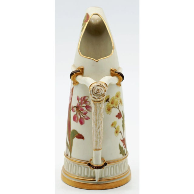 Royal Worcester Antique Royal Worcester Blush Ivory Ewer With Hand-Painted Florals and Antler-Form Handle For Sale - Image 4 of 7