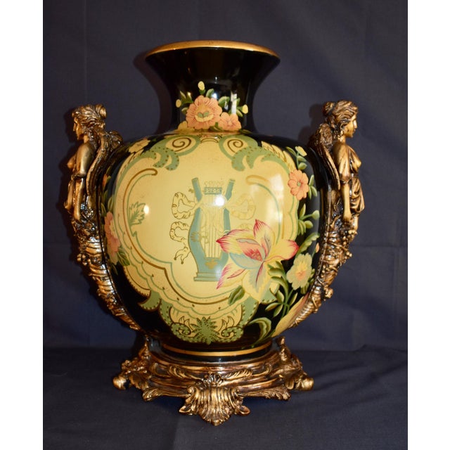 Neoclassical Vintage Neoclassical Ceramic Amphora Vase Lyre Floral Gilt Figural Urn 15” For Sale - Image 3 of 14