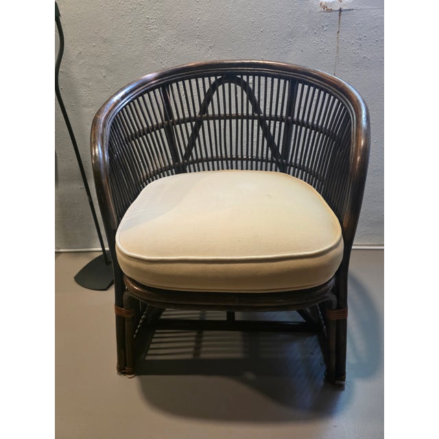 Pair of Rattan and Bamboo Barrel Back Armchairs With Cream Cushions For Sale - Image 10 of 11