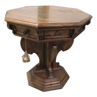 Gorgeous Octagonal Burl Wood Italian Renaissance Revival Side Table With Spoked Base & Single Lockable Drawer For Sale