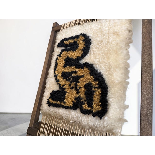 Cream Vintage Mid-Century Woven Fiber Art Stylized Animal Motif Wall Hanging on Wood Frame For Sale - Image 8 of 12