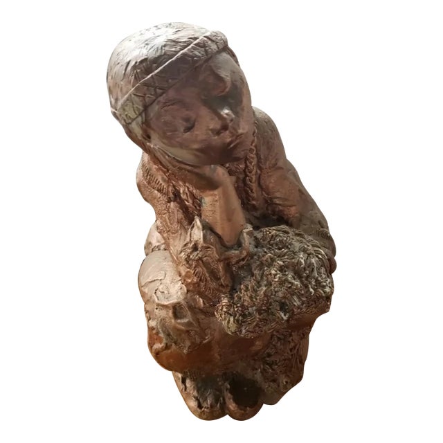 Mid 20th Century Native American Girl Gilded Chalkware & Concrete Sculpture For Sale