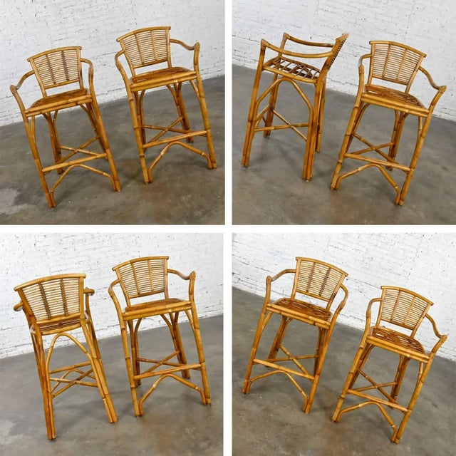 Vintage Organic Modern Pair of Rattan Bar Stools Style of Ficks Reed For Sale - Image 12 of 13
