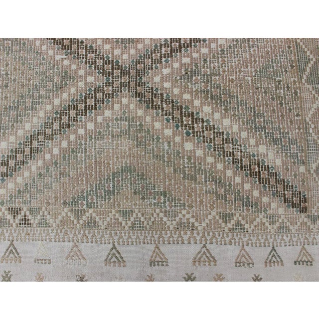 Tan Green, Salmon Vintage Turkish Embroidered Rug With Geometric Diamond Design For Sale - Image 10 of 13