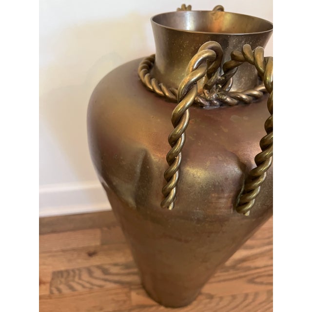 Neoclassical Vintage Large Brass Urn With Rope Handle Detail For Sale - Image 3 of 9