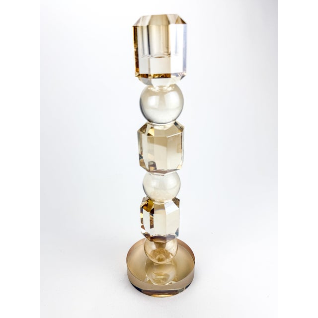 Gold Vintage Geometric Gold Tone Glass Pillar Candle Stick Holder For Sale - Image 8 of 11