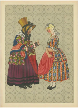 Gratiane de Gardilanne and Elizabeth Whitney Moffatt, Groningen Women in Chintz and Flodder Muts Headdresses, 1932, Chromolithograph