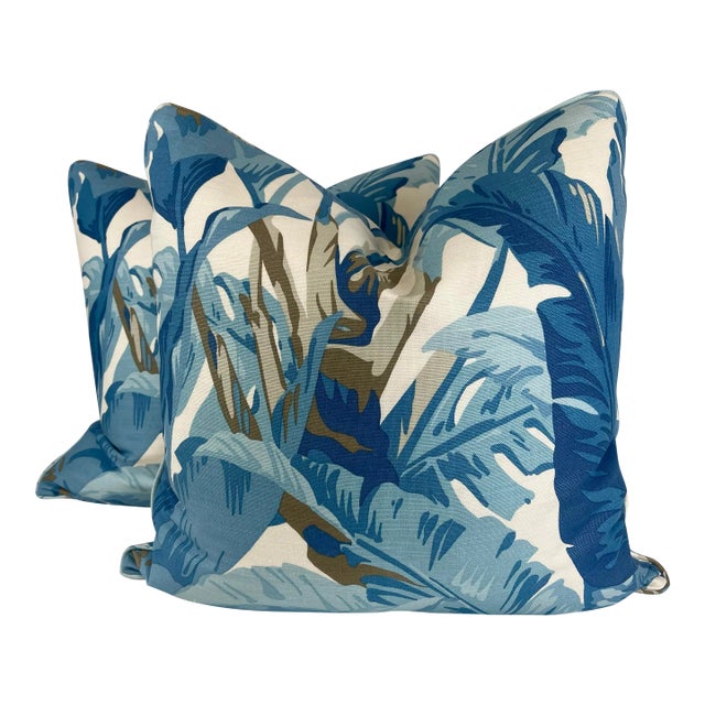 Thibaut "Travelers Palm" in Spa Blue 22" Pillows-A Pair For Sale