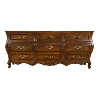 Baker Furniture French Provincial Louis XV Carved Oak and Burl Wood Triple Dresser or Credenza For Sale
