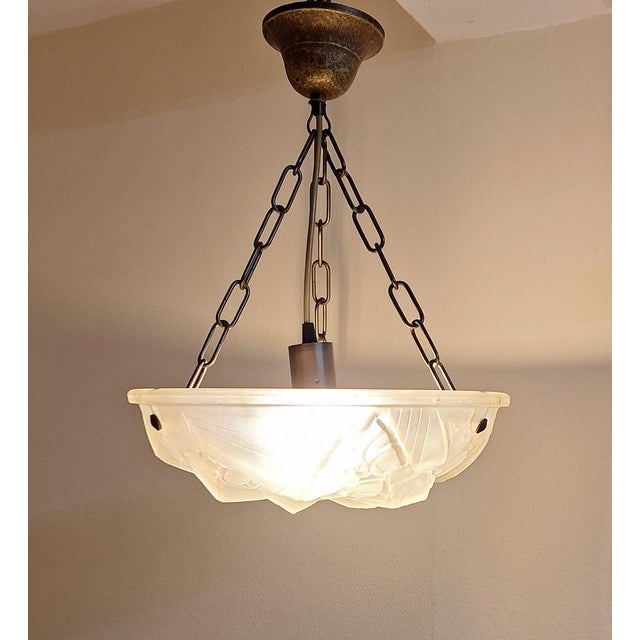Art Deco French Ceiling Lamp with Matt Pressed Glass Shade & Floral Decoration on Brass Mount by J. Mougin, in Very Good...