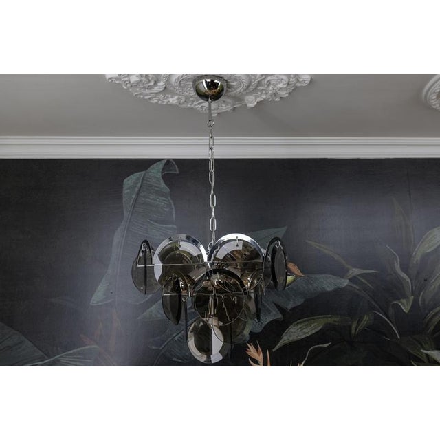 Smoked Glass and Chromed Metal Seven-Light Pendant Chandelier, 1970s For Sale - Image 11 of 18