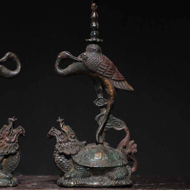 Late 19th Century Pair of Gilt Bronze Crane & Turtle Candle Holders - "Turtle & Crane Longevity" For Sale In Los Angeles - Image 6 of 9