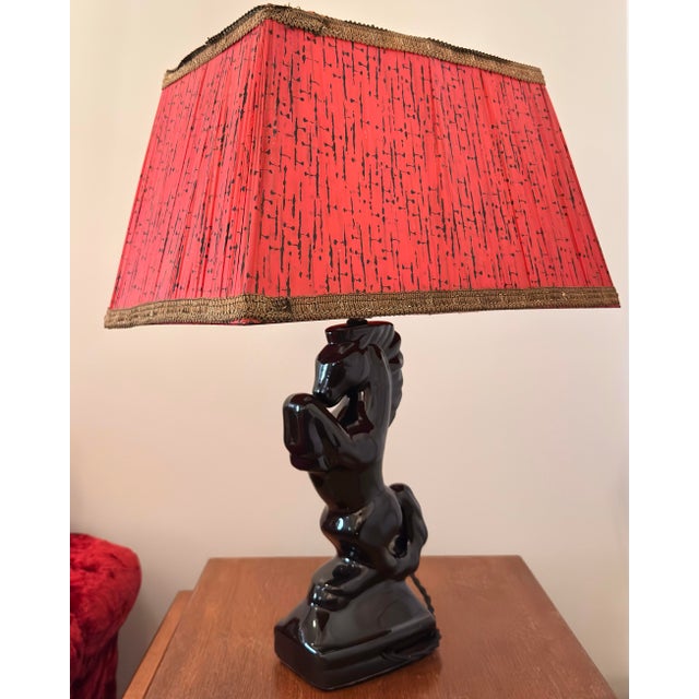 Mid-Century Modern 1950s Ceramic Rearing Stallion Lamp With Original Pinch-Pleat Shade For Sale - Image 4 of 7