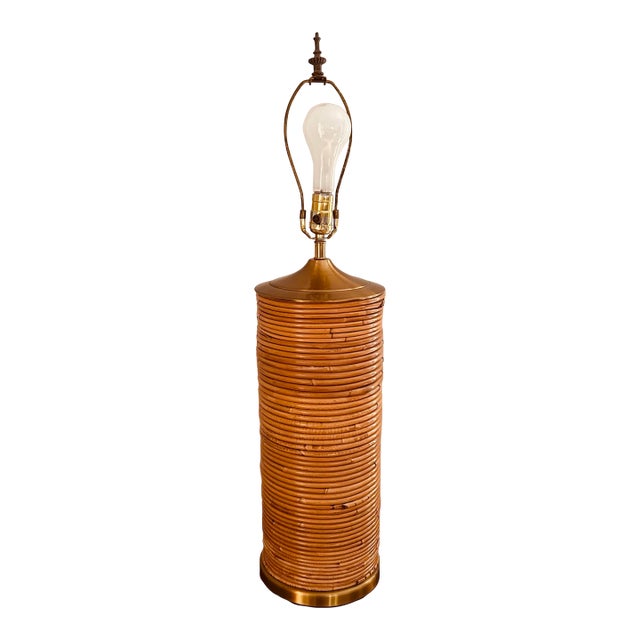 Vintage Pencil Reed Cylindrical Table Lamp in the Style of Gabriella Crespi, Circa 1970s For Sale