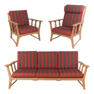 Henning Kjærnulf Carved Oak Sofa Set, Wool, Denmark, 1960s, Attributed For Sale