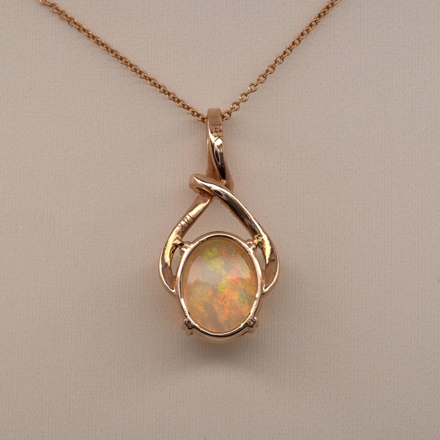 Metal Ethiopian Opal Pendant With Natural Diamond Accents in Solid 14k Gold, 10x8mm For Sale - Image 7 of 7